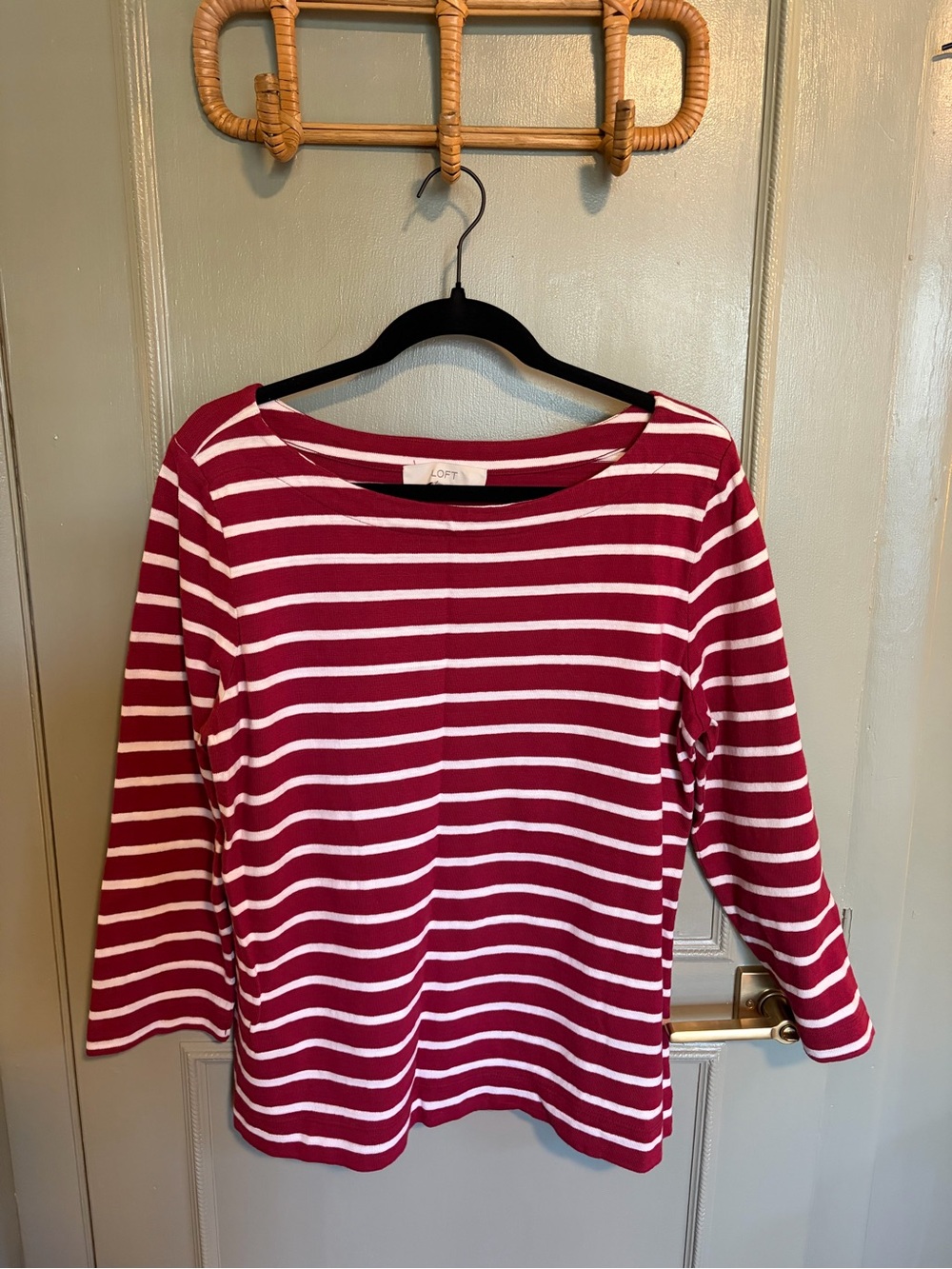LOFT magenta and White Striped Boatneck Long Sleeve Tee